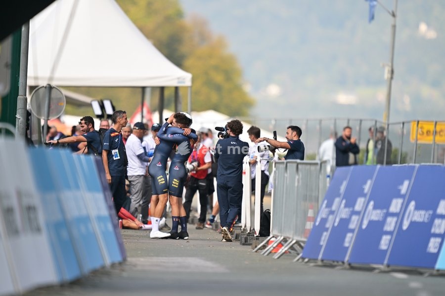 Spain's Hector Alvarez Martinez and Spain's Enaut Urcaregui Sanz celebrate after the Men U23 Individual Time Trial race (22km) at the cycling UEC Road European Championships, in Ljubljana, Slovenia, on Wednesday 7 October 2026. The UEC Road European Championships are taking place from 02 to 07…