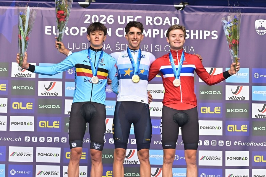 Belgium's Matisse Van Kerckhove; Spain's Hector Alvarez Martinez and Norway's Kasper Haugland celebrate on the podium after the Men U23 Individual Time Trial race (22km) at the cycling UEC Road European Championships, in Ljubljana, Slovenia, on Wednesday 7 October 2026. The UEC Road European…