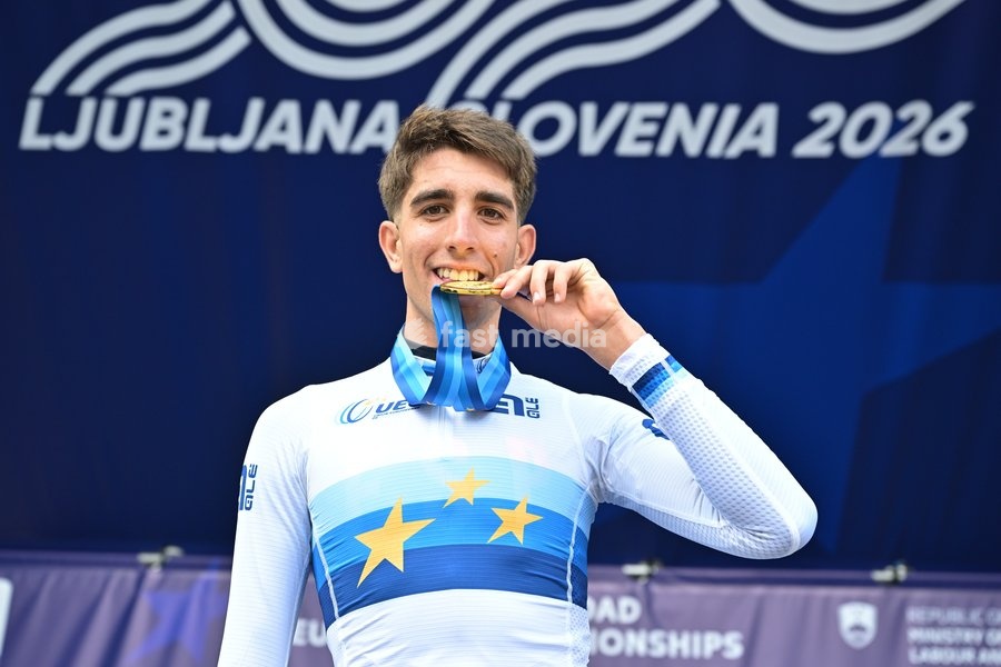 Spain's Hector Alvarez Martinez celebrates on the podium after winning the Men U23 Individual Time Trial race (22km) at the cycling UEC Road European Championships, in Ljubljana, Slovenia, on Wednesday 7 October 2026. The UEC Road European Championships are taking place from 02 to 07 October in…
