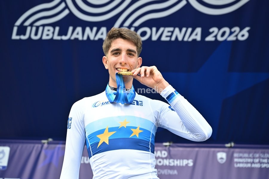 Spain's Hector Alvarez Martinez celebrates on the podium after winning the Men U23 Individual Time Trial race (22km) at the cycling UEC Road European Championships, in Ljubljana, Slovenia, on Wednesday 7 October 2026. The UEC Road European Championships are taking place from 02 to 07 October in…