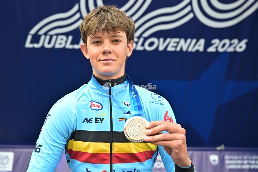 Belgium's Matisse Van Kerckhove , winner of the silver medal celebrates on the podium of the Men U23 Individual Time Trial race (22km) at the cycling UEC Road European Championships, in Ljubljana, Slovenia, on Wednesday 7 October 2026. The UEC Road European Championships are taking place from 02 to…