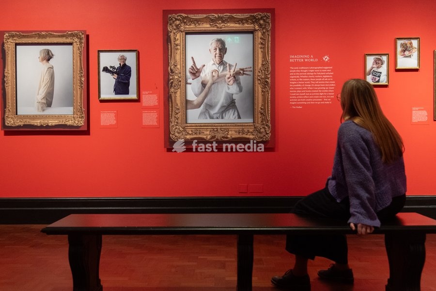 A staff member views (L-R) - 'Fiona Cunningham-Reid', 'April Ashley' and 'Ian McKellen' all by Tim Walker as part of The National Portrait Gallery's 'Tim Walker's Fairyland: Love and Legends' Exhibition which runs from 9th October 2026 - 7th February 2027 at National Portrait Gallery in London,…