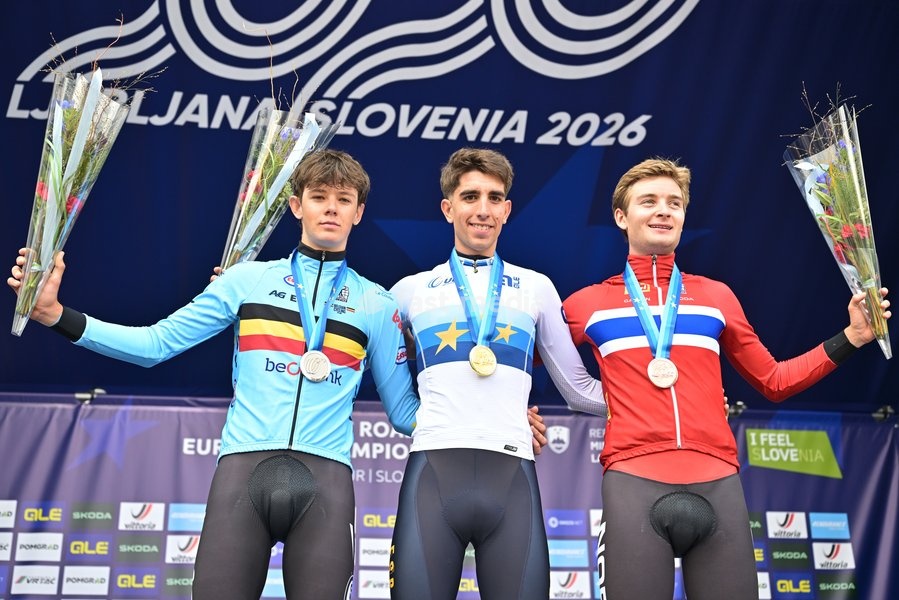Belgium's Matisse Van Kerckhove; Spain's Hector Alvarez Martinez and Norway's Kasper Haugland celebrate on the podium after the Men U23 Individual Time Trial race (22km) at the cycling UEC Road European Championships, in Ljubljana, Slovenia, on Wednesday 7 October 2026. The UEC Road European…