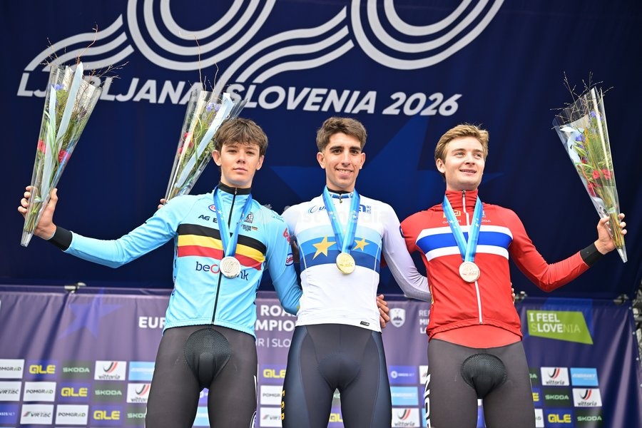 Belgium's Matisse Van Kerckhove; Spain's Hector Alvarez Martinez and Norway's Kasper Haugland celebrate on the podium after the Men U23 Individual Time Trial race (22km) at the cycling UEC Road European Championships, in Ljubljana, Slovenia, on Wednesday 7 October 2026. The UEC Road European…