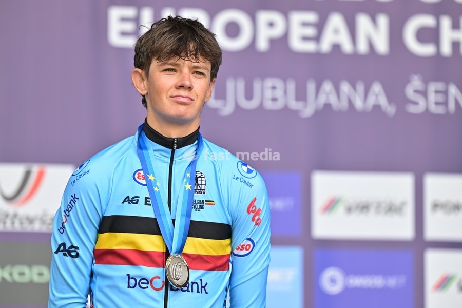 Belgium's Matisse Van Kerckhove , winner of the silver medal celebrates on the podium of the Men U23 Individual Time Trial race (22km) at the cycling UEC Road European Championships, in Ljubljana, Slovenia, on Wednesday 7 October 2026. The UEC Road European Championships are taking place from 02 to…