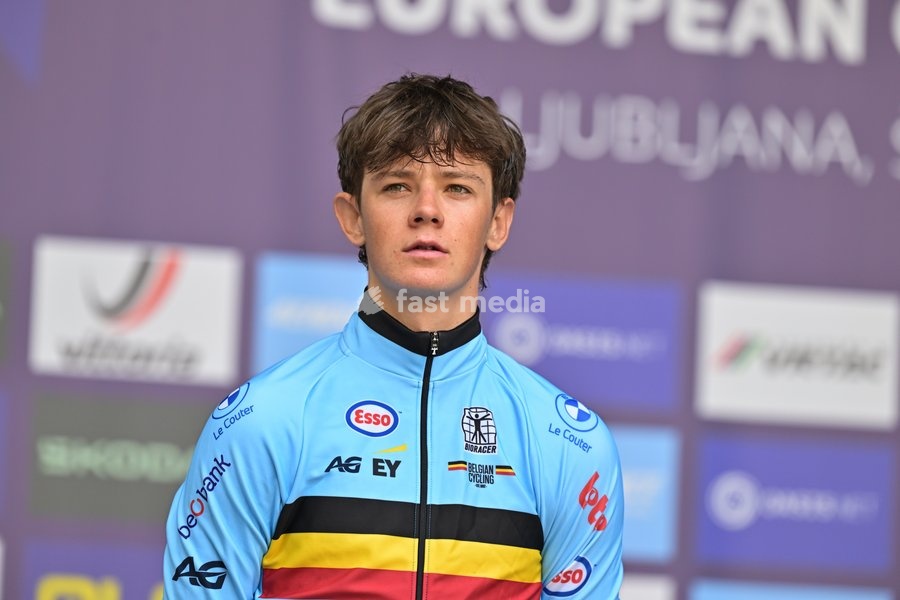 Belgium's Matisse Van Kerckhove , winner of the silver medal celebrates on the podium of the Men U23 Individual Time Trial race (22km) at the cycling UEC Road European Championships, in Ljubljana, Slovenia, on Wednesday 7 October 2026. The UEC Road European Championships are taking place from 02 to…