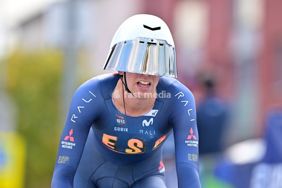 Spain's Hector Alvarez Martinez crosses the finish line to win the Men U23 Individual Time Trial race (22km) at the cycling UEC Road European Championships, in Ljubljana, Slovenia, on Wednesday 7 October 2026. The UEC Road European Championships are taking place from 02 to 07 October in Ljubljana,…