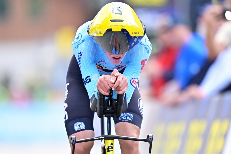 Belgium's Matisse Van Kerckhove crosses the finish line of the Men U23 Individual Time Trial race (22km) at the cycling UEC Road European Championships, in Ljubljana, Slovenia, on Wednesday 7 October 2026. The UEC Road European Championships are taking place from 02 to 07 October in Ljubljana,…