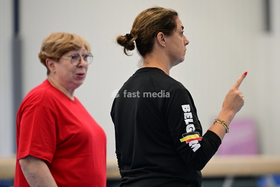 Belgian coaches Valentina Soldatenkova and Valerie Van Cauwenberghe pictured during a training session of Belgium's artistic gymnastics team, Wednesday 7 October 2026, in Gent, ahead of the Worlds Championships in Rotterdam from 17 to 25 October 2026