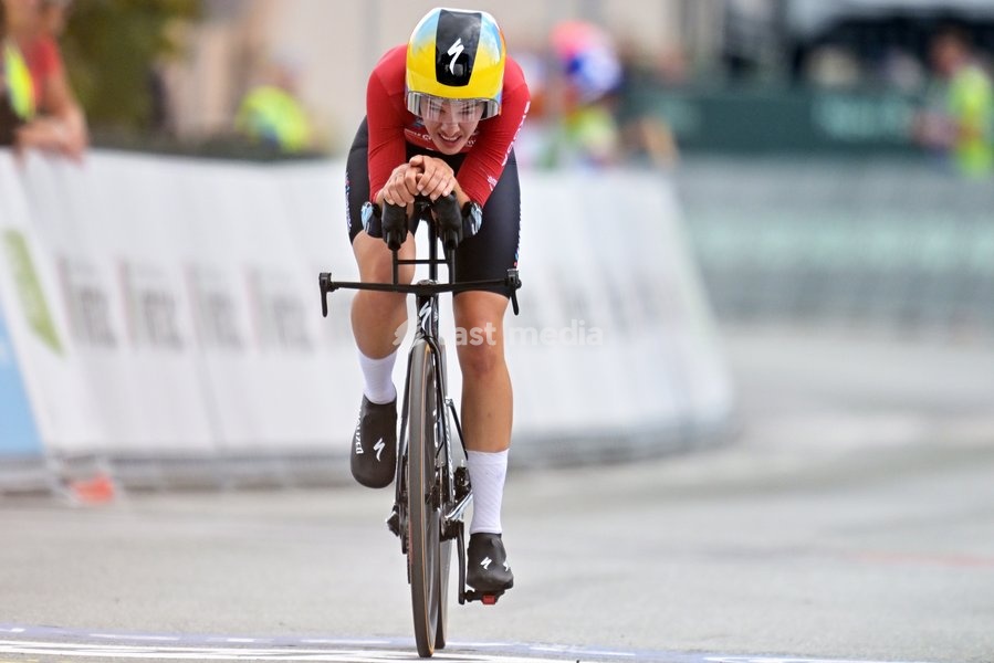 Luxembourg's Marie Schreiber crosses the finish line of the Women Elite Individual Time Trial race (22km) at the cycling UEC Road European Championships, in Ljubljana, Slovenia, on Wednesday 7 October 2026. The UEC Road European Championships are taking place from 02 to 07 October in Ljubljana,…