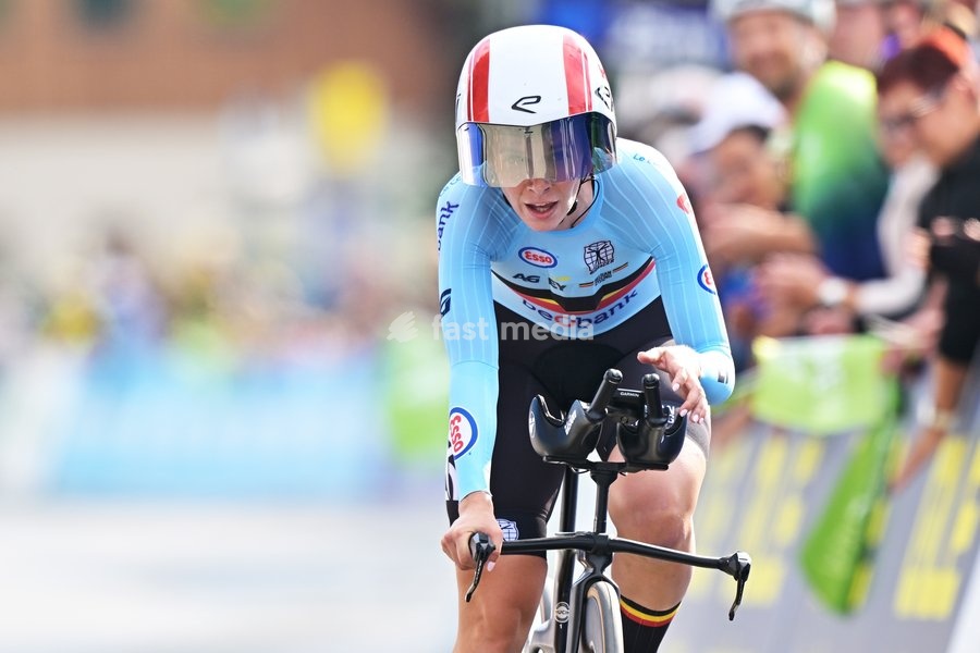 Belgium's Sandrine Tas crosses the finish line of the Women Elite Individual Time Trial race (22km) at the cycling UEC Road European Championships, in Ljubljana, Slovenia, on Wednesday 7 October 2026. The UEC Road European Championships are taking place from 02 to 07 October in Ljubljana, Slovenia