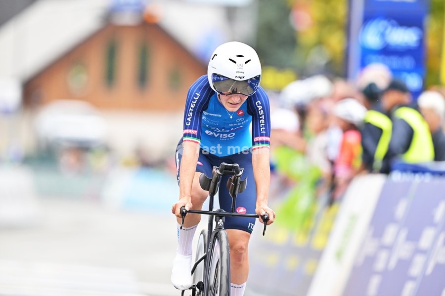 Italy's Elisa Longo Borghini crosses the finish line of the Women Elite Individual Time Trial race (22km) at the cycling UEC Road European Championships, in Ljubljana, Slovenia, on Wednesday 7 October 2026. The UEC Road European Championships are taking place from 02 to 07 October in Ljubljana,…