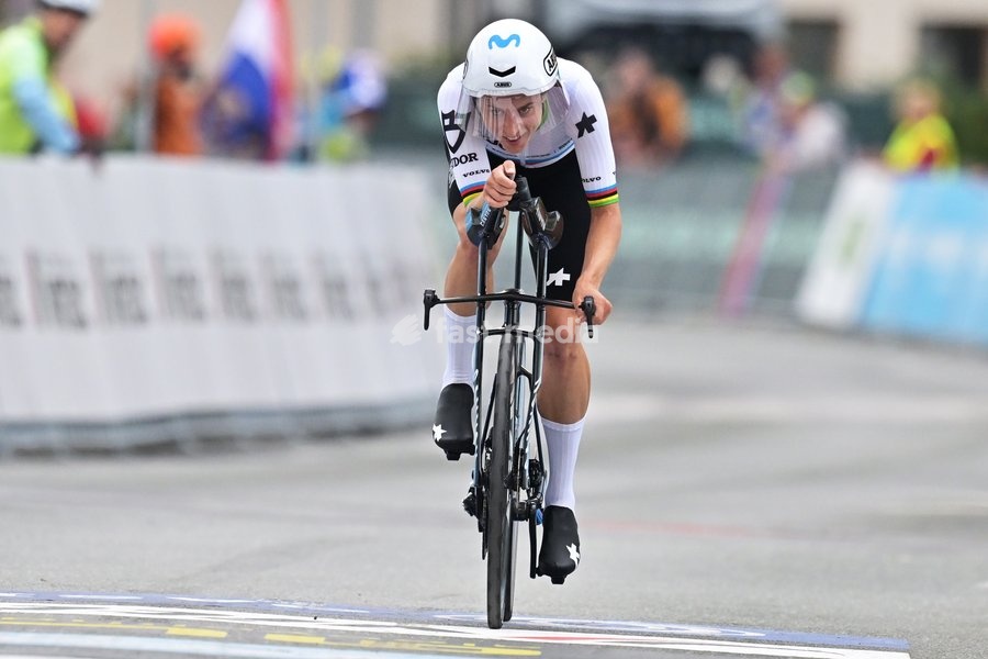 Switzerland's Marlen Reusser crosses the finish line to win the Women Elite Individual Time Trial race (22km) at the cycling UEC Road European Championships, in Ljubljana, Slovenia, on Wednesday 7 October 2026. The UEC Road European Championships are taking place from 02 to 07 October in Ljubljana,…