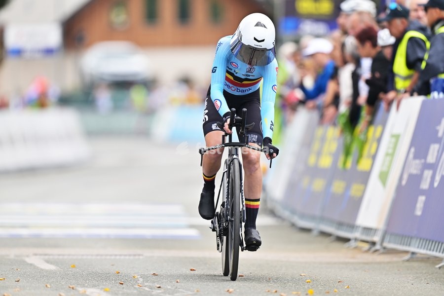 Belgium's Lotte Claes crosses the finish line of the Women Elite Individual Time Trial race (22km) at the cycling UEC Road European Championships, in Ljubljana, Slovenia, on Wednesday 7 October 2026. The UEC Road European Championships are taking place from 02 to 07 October in Ljubljana, Slovenia