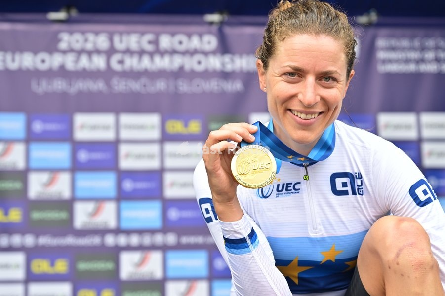 Switzerland's Marlen Reusser celebrates on the podium after winning the Women Elite Individual Time Trial race (22km) at the cycling UEC Road European Championships, in Ljubljana, Slovenia, on Wednesday 7 October 2026. The UEC Road European Championships are taking place from 02 to 07 October in…