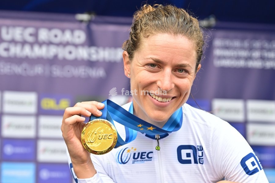 Switzerland's Marlen Reusser celebrates on the podium after winning the Women Elite Individual Time Trial race (22km) at the cycling UEC Road European Championships, in Ljubljana, Slovenia, on Wednesday 7 October 2026. The UEC Road European Championships are taking place from 02 to 07 October in…