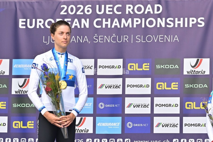Switzerland's Marlen Reusser celebrates on the podium after winning the Women Elite Individual Time Trial race (22km) at the cycling UEC Road European Championships, in Ljubljana, Slovenia, on Wednesday 7 October 2026. The UEC Road European Championships are taking place from 02 to 07 October in…