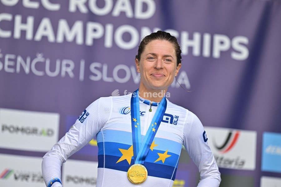 Switzerland's Marlen Reusser celebrates on the podium after winning the Women Elite Individual Time Trial race (22km) at the cycling UEC Road European Championships, in Ljubljana, Slovenia, on Wednesday 7 October 2026. The UEC Road European Championships are taking place from 02 to 07 October in…