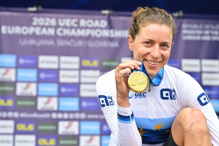 Switzerland's Marlen Reusser celebrates on the podium after winning the Women Elite Individual Time Trial race (22km) at the cycling UEC Road European Championships, in Ljubljana, Slovenia, on Wednesday 7 October 2026. The UEC Road European Championships are taking place from 02 to 07 October in…