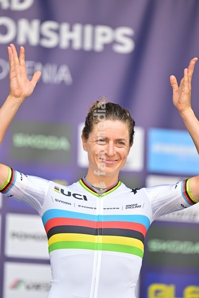 Switzerland's Marlen Reusser celebrates on the podium after winning the Women Elite Individual Time Trial race (22km) at the cycling UEC Road European Championships, in Ljubljana, Slovenia, on Wednesday 7 October 2026. The UEC Road European Championships are taking place from 02 to 07 October in…