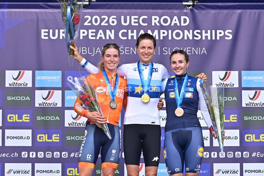 Netherlands' Demi Vollering; Switzerland's Marlen Reusser and France's Juliette Berthet celebrate on the podium after the Women Elite Individual Time Trial race (22km) at the cycling UEC Road European Championships, in Ljubljana, Slovenia, on Wednesday 7 October 2026. The UEC Road European…