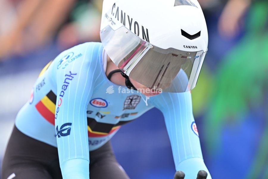 Belgium's Lotte Claes crosses the finish line of the Women Elite Individual Time Trial race (22km) at the cycling UEC Road European Championships, in Ljubljana, Slovenia, on Wednesday 7 October 2026. The UEC Road European Championships are taking place from 02 to 07 October in Ljubljana, Slovenia