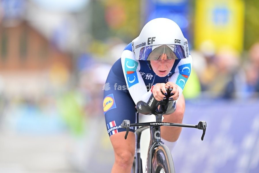 France's Cedrine Kerbaol crosses the finish line of the Women Elite Individual Time Trial race (22km) at the cycling UEC Road European Championships, in Ljubljana, Slovenia, on Wednesday 7 October 2026. The UEC Road European Championships are taking place from 02 to 07 October in Ljubljana, Slovenia