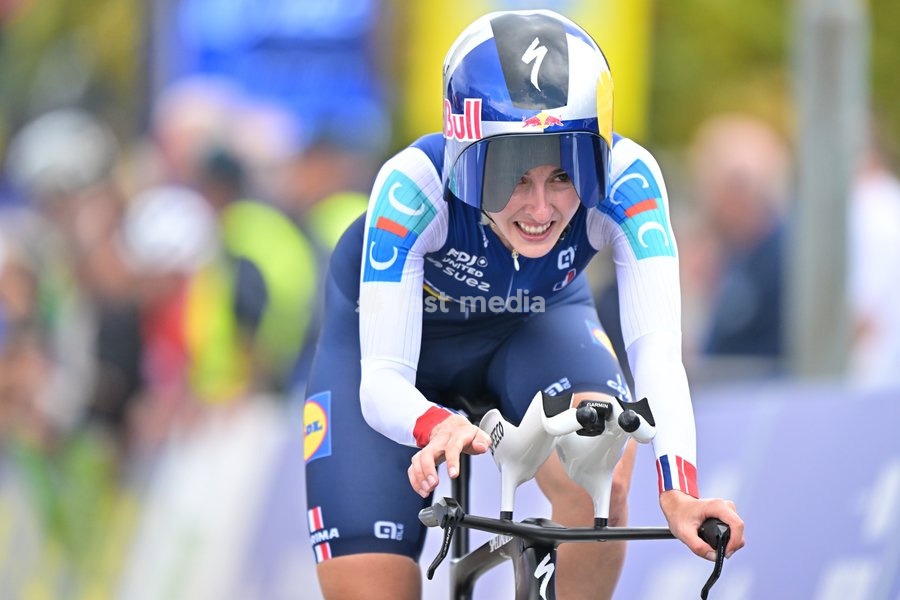 France's Juliette Berthet crosses the finish line of the Women Elite Individual Time Trial race (22km) at the cycling UEC Road European Championships, in Ljubljana, Slovenia, on Wednesday 7 October 2026. The UEC Road European Championships are taking place from 02 to 07 October in Ljubljana,…