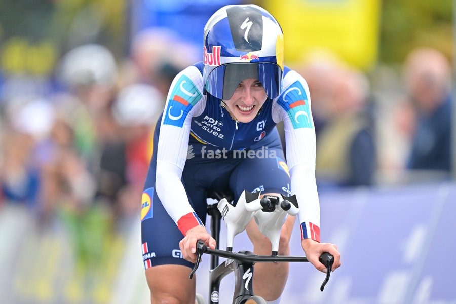 France's Juliette Berthet crosses the finish line of the Women Elite Individual Time Trial race (22km) at the cycling UEC Road European Championships, in Ljubljana, Slovenia, on Wednesday 7 October 2026. The UEC Road European Championships are taking place from 02 to 07 October in Ljubljana,…