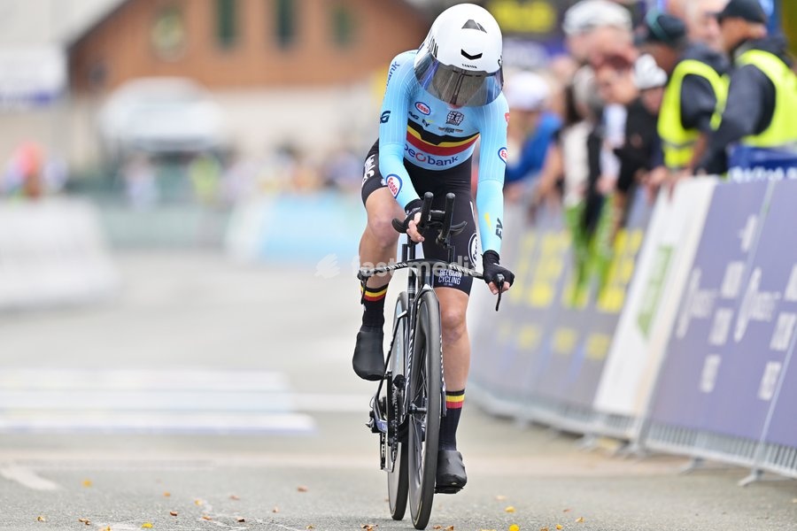 Belgium's Lotte Claes crosses the finish line of the Women Elite Individual Time Trial race (22km) at the cycling UEC Road European Championships, in Ljubljana, Slovenia, on Wednesday 7 October 2026. The UEC Road European Championships are taking place from 02 to 07 October in Ljubljana, Slovenia