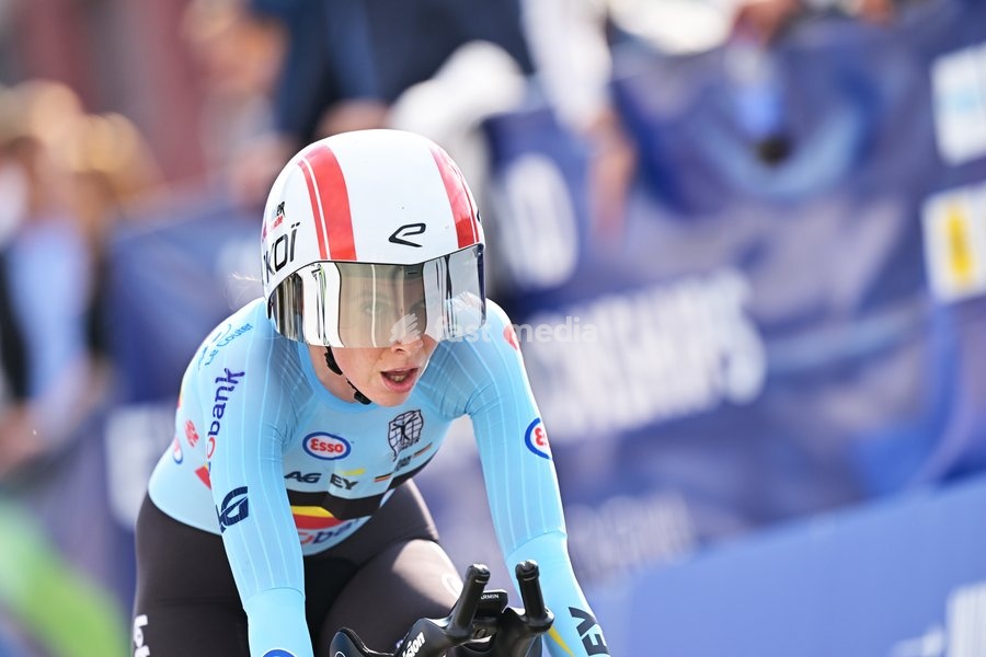Belgium's Sandrine Tas crosses the finish line of the Women Elite Individual Time Trial race (22km) at the cycling UEC Road European Championships, in Ljubljana, Slovenia, on Wednesday 7 October 2026. The UEC Road European Championships are taking place from 02 to 07 October in Ljubljana, Slovenia