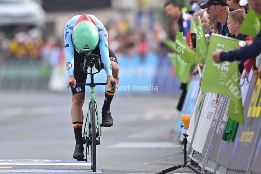 Belgium's Sander De Pestel crosses the finish line of the Men Elite Individual Time Trial race (22km) at the cycling UEC Road European Championships, in Ljubljana, Slovenia, on Wednesday 7 October 2026. The UEC Road European Championships are taking place from 02 to 07 October in Ljubljana, Slovenia