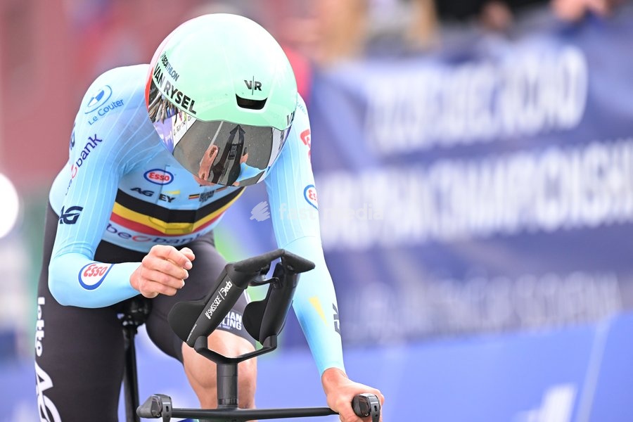 Belgium's Sander De Pestel crosses the finish line of the Men Elite Individual Time Trial race (22km) at the cycling UEC Road European Championships, in Ljubljana, Slovenia, on Wednesday 7 October 2026. The UEC Road European Championships are taking place from 02 to 07 October in Ljubljana, Slovenia