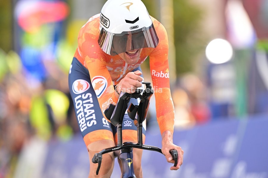 Netherlands' Sjoerd Bax crosses the finish line of the Men Elite Individual Time Trial race (22km) at the cycling UEC Road European Championships, in Ljubljana, Slovenia, on Wednesday 7 October 2026. The UEC Road European Championships are taking place from 02 to 07 October in Ljubljana, Slovenia