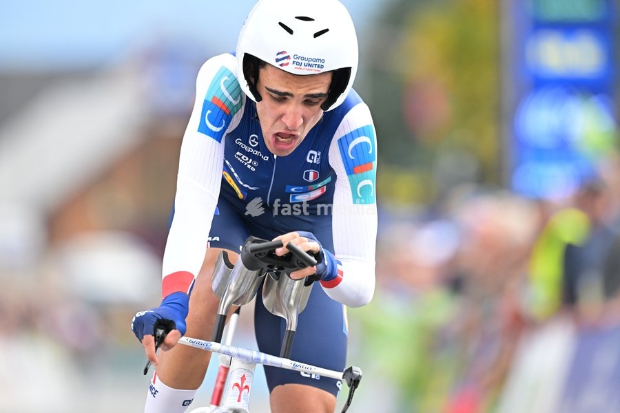 France's Maxime Decomble crosses the finish line of the Men Elite Individual Time Trial race (22km) at the cycling UEC Road European Championships, in Ljubljana, Slovenia, on Wednesday 7 October 2026. The UEC Road European Championships are taking place from 02 to 07 October in Ljubljana, Slovenia