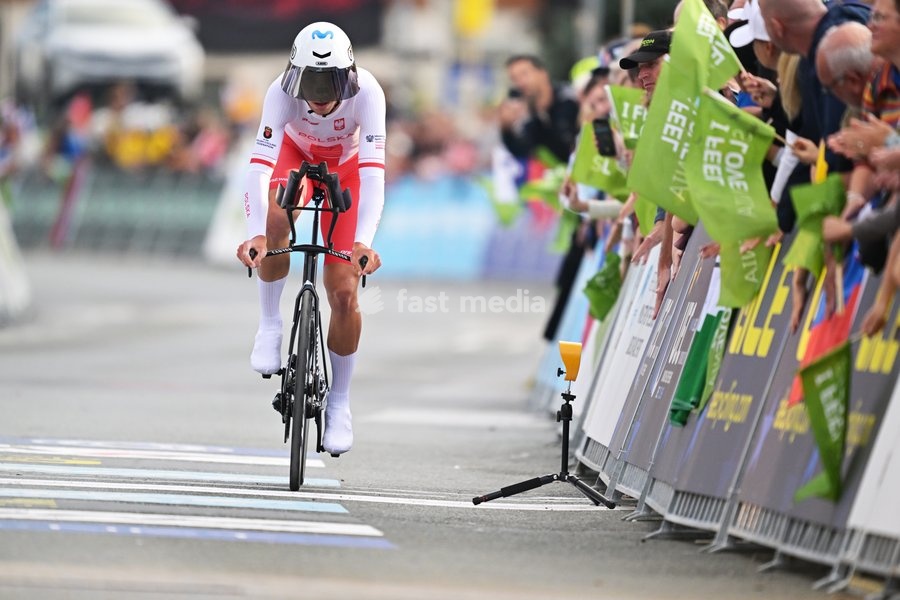 Poland's Filip Maciejuk crosses the finish line of the Men Elite Individual Time Trial race (22km) at the cycling UEC Road European Championships, in Ljubljana, Slovenia, on Wednesday 7 October 2026. The UEC Road European Championships are taking place from 02 to 07 October in Ljubljana, Slovenia