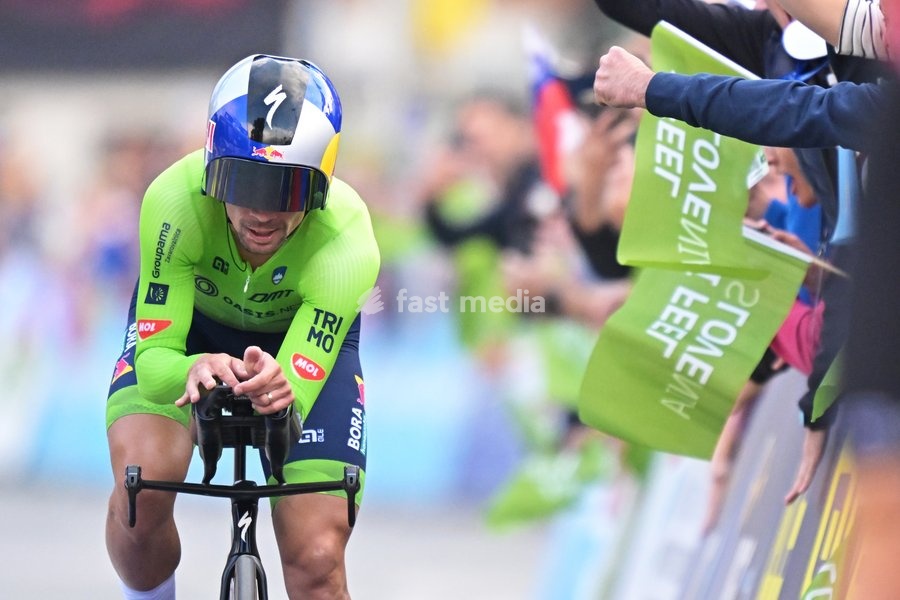 Slovenia's Primoz Roglic crosses the finish line to win the Men Elite Individual Time Trial race (22km) at the cycling UEC Road European Championships, in Ljubljana, Slovenia, on Wednesday 7 October 2026. The UEC Road European Championships are taking place from 02 to 07 October in Ljubljana,…