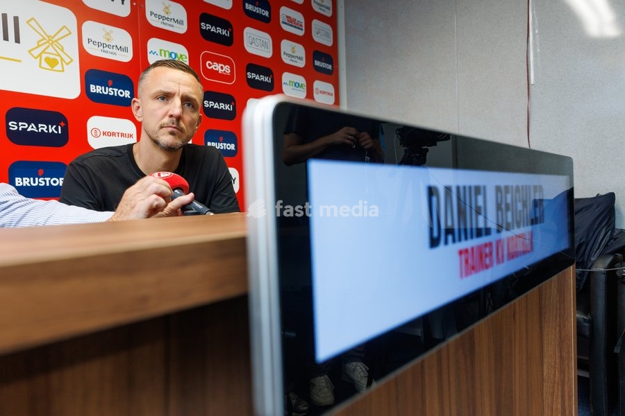 Kortrijk's head coach Daniel Beichler pictured during a press conference of Belgian soccer team KV Kortrijk, to present Austrian Beichler as new head coach, Wednesday 7 October 2026 in Kortrijk