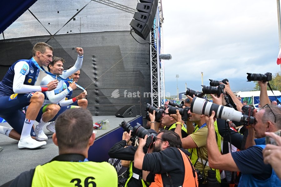 France's Bruno Armirail; Slovenia's Primoz Roglic and France's Maxime Decomble celebrate on the podium of the Men Elite Individual Time Trial race (22km) at the cycling UEC Road European Championships, in Ljubljana, Slovenia, on Wednesday 7 October 2026. The UEC Road European Championships are…