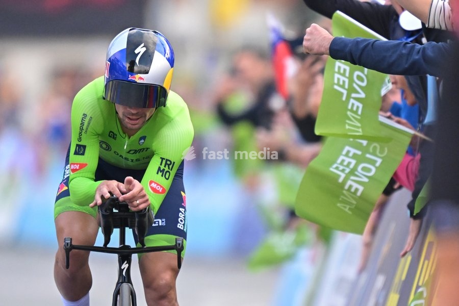 Slovenia's Primoz Roglic crosses the finish line to win the Men Elite Individual Time Trial race (22km) at the cycling UEC Road European Championships, in Ljubljana, Slovenia, on Wednesday 7 October 2026. The UEC Road European Championships are taking place from 02 to 07 October in Ljubljana,…