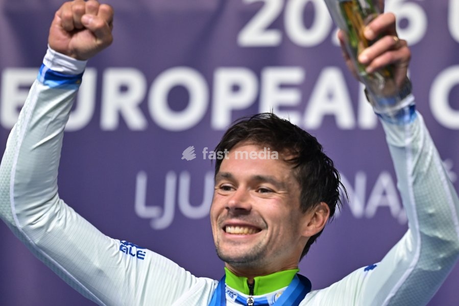 Slovenia's Primoz Roglic celebrates on the podium after winning the Men Elite Individual Time Trial race (22km) at the cycling UEC Road European Championships, in Ljubljana, Slovenia, on Wednesday 7 October 2026. The UEC Road European Championships are taking place from 02 to 07 October in…