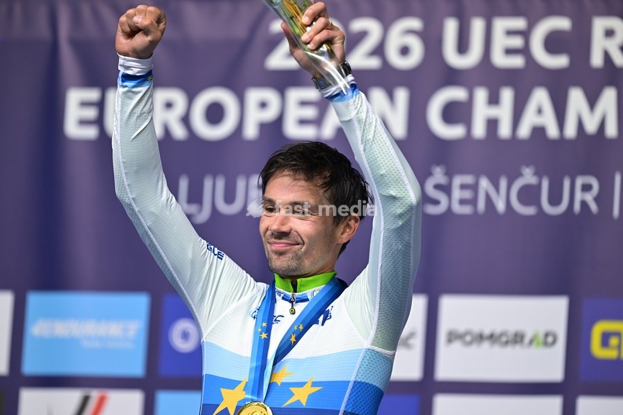 Slovenia's Primoz Roglic celebrates on the podium after winning the Men Elite Individual Time Trial race (22km) at the cycling UEC Road European Championships, in Ljubljana, Slovenia, on Wednesday 7 October 2026. The UEC Road European Championships are taking place from 02 to 07 October in…