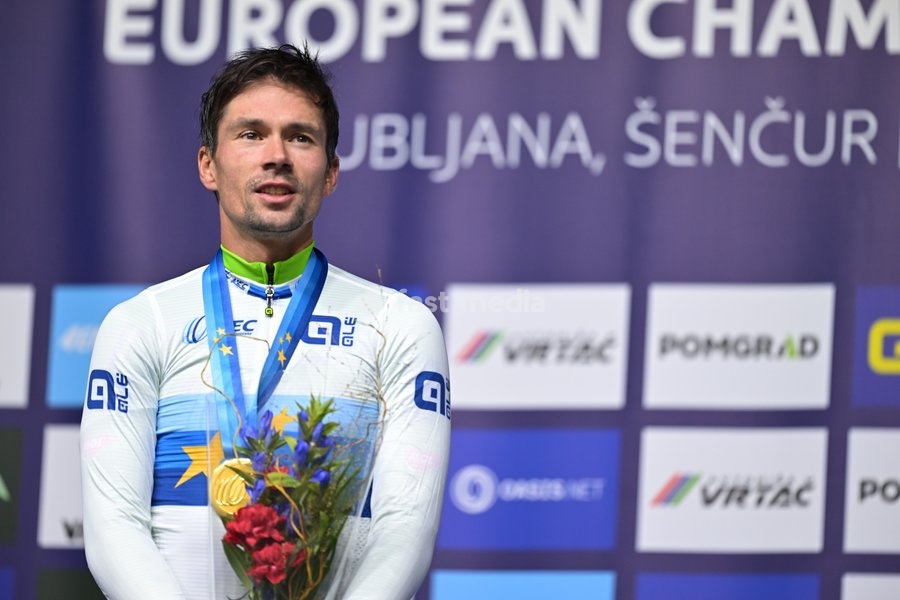 Slovenia's Primoz Roglic celebrates on the podium after winning the Men Elite Individual Time Trial race (22km) at the cycling UEC Road European Championships, in Ljubljana, Slovenia, on Wednesday 7 October 2026. The UEC Road European Championships are taking place from 02 to 07 October in…