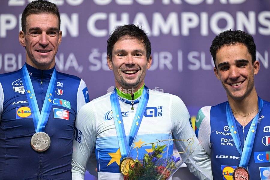 France's Bruno Armirail; Slovenia's Primoz Roglic and France's Maxime Decomble celebrate on the podium of the Men Elite Individual Time Trial race (22km) at the cycling UEC Road European Championships, in Ljubljana, Slovenia, on Wednesday 7 October 2026. The UEC Road European Championships are…