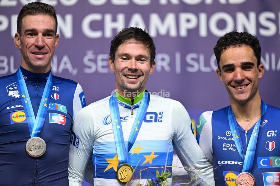 France's Bruno Armirail; Slovenia's Primoz Roglic and France's Maxime Decomble celebrate on the podium of the Men Elite Individual Time Trial race (22km) at the cycling UEC Road European Championships, in Ljubljana, Slovenia, on Wednesday 7 October 2026. The UEC Road European Championships are…