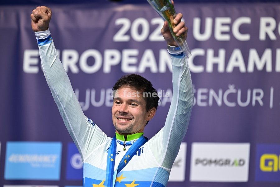 Slovenia's Primoz Roglic celebrates on the podium after winning the Men Elite Individual Time Trial race (22km) at the cycling UEC Road European Championships, in Ljubljana, Slovenia, on Wednesday 7 October 2026. The UEC Road European Championships are taking place from 02 to 07 October in…