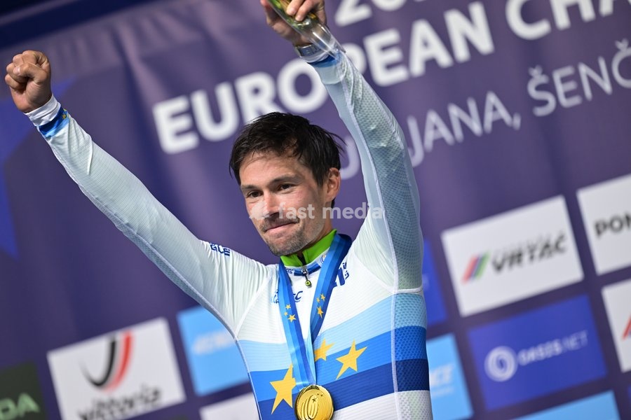 Slovenia's Primoz Roglic celebrates on the podium after winning the Men Elite Individual Time Trial race (22km) at the cycling UEC Road European Championships, in Ljubljana, Slovenia, on Wednesday 7 October 2026. The UEC Road European Championships are taking place from 02 to 07 October in…