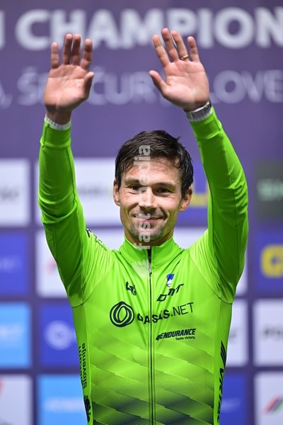 Slovenia's Primoz Roglic celebrates on the podium after winning the Men Elite Individual Time Trial race (22km) at the cycling UEC Road European Championships, in Ljubljana, Slovenia, on Wednesday 7 October 2026. The UEC Road European Championships are taking place from 02 to 07 October in…