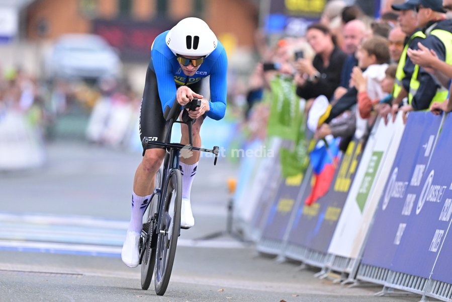 Sweden's Jakob Soderqvist crosses the finish line of the Men Elite Individual Time Trial race (22km) at the cycling UEC Road European Championships, in Ljubljana, Slovenia, on Wednesday 7 October 2026. The UEC Road European Championships are taking place from 02 to 07 October in Ljubljana, Slovenia