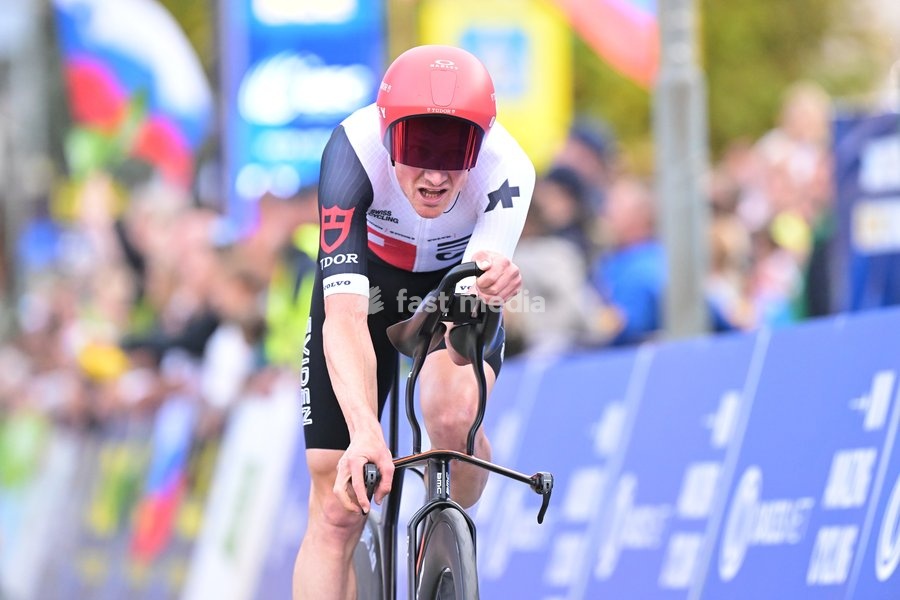 Switzerland's Stefan Kung crosses the finish line of the Men Elite Individual Time Trial race (22km) at the cycling UEC Road European Championships, in Ljubljana, Slovenia, on Wednesday 7 October 2026. The UEC Road European Championships are taking place from 02 to 07 October in Ljubljana, Slovenia